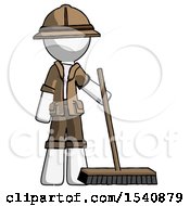 White Explorer Ranger Man Standing With Industrial Broom