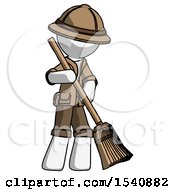 White Explorer Ranger Man Sweeping Area With Broom