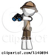 White Explorer Ranger Man Holding Binoculars Ready To Look Left