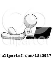 Poster, Art Print Of White Design Mascot Woman Using Laptop Computer While Lying On Floor Side Angled View