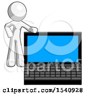 Poster, Art Print Of White Design Mascot Man Beside Large Laptop Computer Leaning Against It