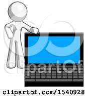 White Design Mascot Man Beside Large Laptop Computer Leaning Against It