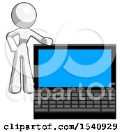 White Design Mascot Woman Beside Large Laptop Computer Leaning Against It