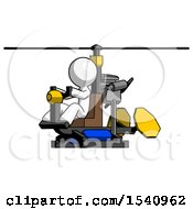 White Design Mascot Man Flying In Gyrocopter Front Side Angle View