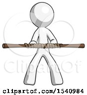 White Design Mascot Man Bo Staff Kung Fu Defense Pose