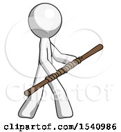 Poster, Art Print Of White Design Mascot Man Holding Bo Staff In Sideways Defense Pose