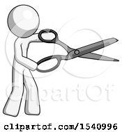 Poster, Art Print Of White Design Mascot Man Holding Giant Scissors Cutting Out Something