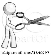 White Design Mascot Woman Holding Giant Scissors Cutting Out Something