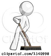 White Design Mascot Man Cleaning Services Janitor Sweeping Floor With Push Broom