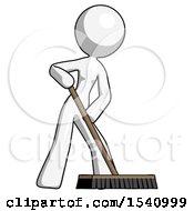 White Design Mascot Woman Cleaning Services Janitor Sweeping Floor With Push Broom