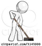 White Design Mascot Man Cleaning Services Janitor Sweeping Side View