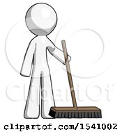 White Design Mascot Man Standing With Industrial Broom