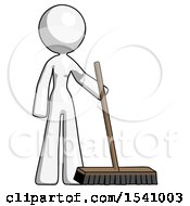 White Design Mascot Woman Standing With Industrial Broom