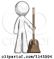 White Design Mascot Man Standing With Broom Cleaning Services