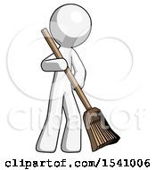 White Design Mascot Man Sweeping Area With Broom