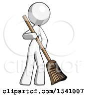 White Design Mascot Woman Sweeping Area With Broom