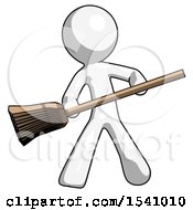 White Design Mascot Man Broom Fighter Defense Pose
