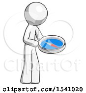White Design Mascot Man Looking At Large Compass Facing Right