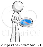 White Design Mascot Woman Looking At Large Compass Facing Right