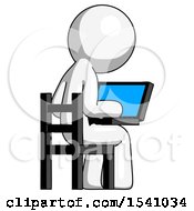 White Design Mascot Man Using Laptop Computer While Sitting In Chair View From Back
