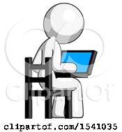 Poster, Art Print Of White Design Mascot Woman Using Laptop Computer While Sitting In Chair View From Back