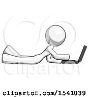 Poster, Art Print Of White Design Mascot Woman Using Laptop Computer While Lying On Floor Side View