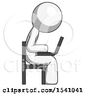 Poster, Art Print Of White Design Mascot Man Using Laptop Computer While Sitting In Chair View From Side