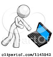 White Design Mascot Woman Throwing Laptop Computer In Frustration