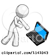 Poster, Art Print Of White Design Mascot Man Throwing Laptop Computer In Frustration