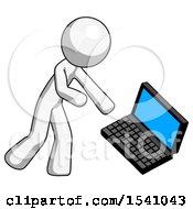 White Design Mascot Man Throwing Laptop Computer In Frustration