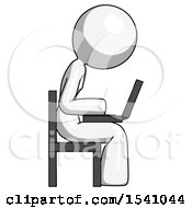 Poster, Art Print Of White Design Mascot Woman Using Laptop Computer While Sitting In Chair View From Side