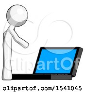 White Design Mascot Man Using Large Laptop Computer Side Orthographic View