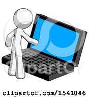 Poster, Art Print Of White Design Mascot Man Using Large Laptop Computer