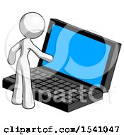 Poster, Art Print Of White Design Mascot Woman Using Large Laptop Computer