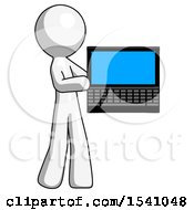 Poster, Art Print Of White Design Mascot Man Holding Laptop Computer Presenting Something On Screen