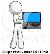 White Design Mascot Man Holding Laptop Computer Presenting Something On Screen