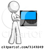 Poster, Art Print Of White Design Mascot Woman Holding Laptop Computer Presenting Something On Screen