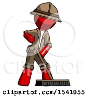Red Explorer Ranger Man Cleaning Services Janitor Sweeping Floor With Push Broom