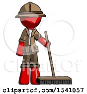 Red Explorer Ranger Man Standing With Industrial Broom