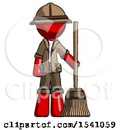 Red Explorer Ranger Man Standing With Broom Cleaning Services