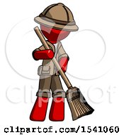 Red Explorer Ranger Man Sweeping Area With Broom
