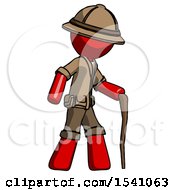 Red Explorer Ranger Man Walking With Hiking Stick