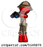 Red Explorer Ranger Man Holding Binoculars Ready To Look Left