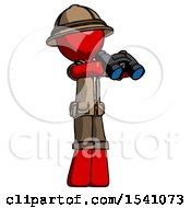 Red Explorer Ranger Man Holding Binoculars Ready To Look Right