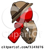 Red Explorer Ranger Man Sitting With Head Down Facing Sideways Left