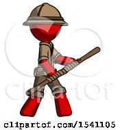 Poster, Art Print Of Red Explorer Ranger Man Holding Bo Staff In Sideways Defense Pose