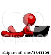 Poster, Art Print Of Red Design Mascot Woman Using Laptop Computer While Lying On Floor Side Angled View