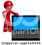 Poster, Art Print Of Red Design Mascot Man Beside Large Laptop Computer Leaning Against It