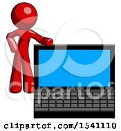 Red Design Mascot Man Beside Large Laptop Computer Leaning Against It