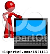 Red Design Mascot Woman Beside Large Laptop Computer Leaning Against It